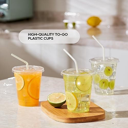 JOLLY PARTY 100 Pack 12 oz Clear Plastic Cups with Flat Slotted Lids