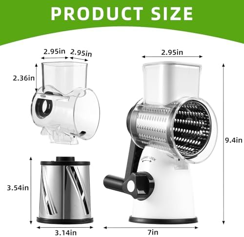Rotary Cheese Grater with Handle, 3 Replaceable Blades (Milky White)
