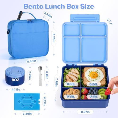 Bento Lunch Box with 8oz Soup Thermo,Kids Leakproof 4 Compartment Lunch Food Containers with Sauce Cup and Ice Pack,Kids Thermo Insulated Hot Food Jar and Lunch Bag for School,Trvael-Blue