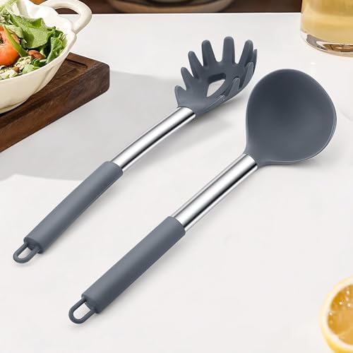 TeamFar Silicone Pasta Fork and Ladle, Nonstick Kitchen Utensils, Gray