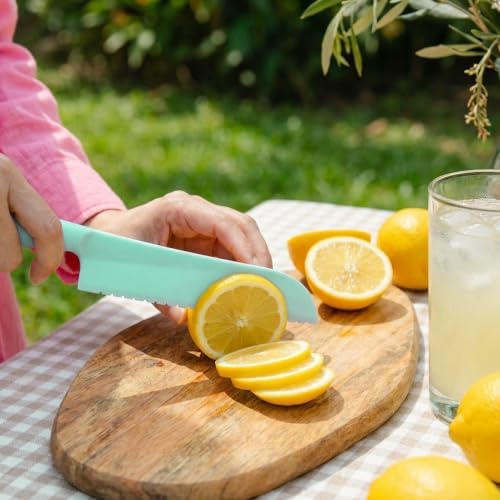 4 Pack Lettuce Knife 11/8.5" Plastic Cake Knifes to Prevent Browning Serrated Kitchen Cutter for Cutting Fruits, Cakes and Bread Dishwashable Safe for Kids Nylon Cutters for Nonstick Pans (Green, L&S)