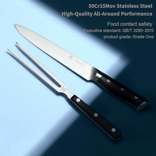 8" Stainless Steel Carving Knife and 7" Fork Set, Professional BBQ Brisket Slicing Kit with Ergonomic Full Tang Handle, Premium Meat, Fruits & Vegetables Cutting Tools in Gift Box