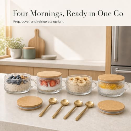 JBHO Vintage Glass 14OZ Coffee Mugs 4pcs Clear Embossed Glass Cups with Bamboo Lids and Spoons Gifts for Women Overnight Containers for Tea,Cereal,Cappuccino, Latte