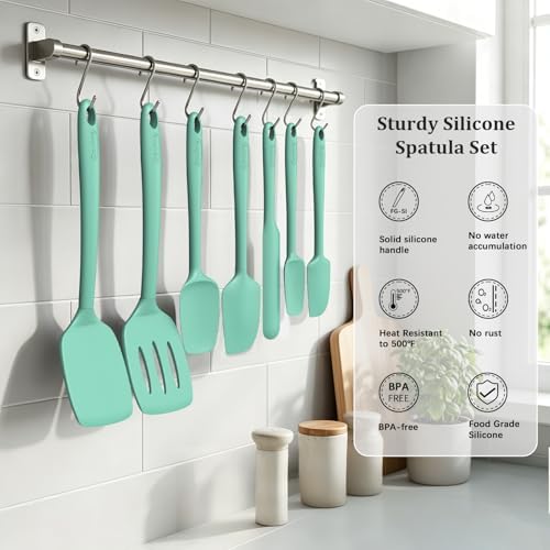 Coukre Silicone Spatula Set of 7, BPA Free Food Grade Silicone Cooking Utensils, Heat Resistant Kitchen Tools for Nonstick Cookware, Dishwasher Safe Spatulas for Cooking and Baking(7,PureAquaGreen)
