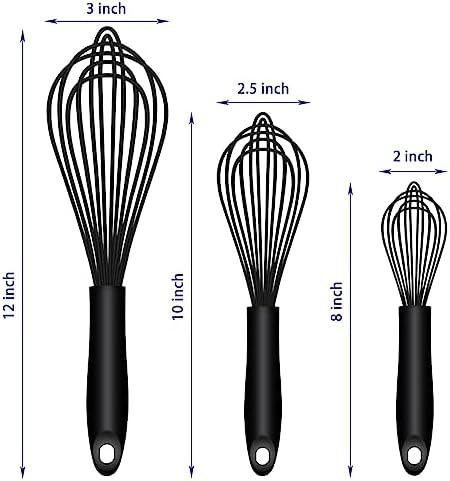 OYV Dishwasher Safe Silicone Whisk, Sealed Waterproof Design Set of 3, Professional Kitchen Whisks for Cooking Non-Scratch, Silicone & Stainless Steel Whisk, Heat Resistant Balloon Egg Beater, Black