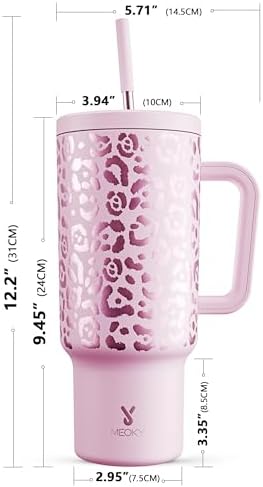 Meoky 40 oz Tumbler with Handle and Straw, Tumbler with Lid and Straw, Insulated Stainless Steel Travel Mug, 100% Leak-proof, Keeps Cold for 34 Hours or Hot for 10 Hours (Pink Leopard)