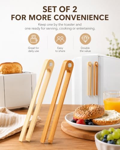 Magnetic Bamboo Toaster Tongs Set of 2, 8.7 Inch Natural Wood Toast Tongs, Eco-Friendly Kitchen Tongs for Toast, Bagels, Waffles, Serving, Space-Saving Kitchen Accessories