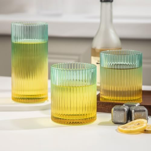 Ribbed Drinking Glasses 8pcs, 12oz and 10oz Glassware, Tumbler Glasses Cup Set for Wedding, Party, Christmas Gift, Golden Green