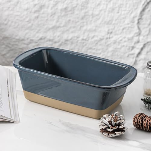 HVH Ceramic Loaf Pan for Baking Bread, 9 x 5 inch Baking Bread Loaf Pan, Rectangular Bread Pan, Bread Baking Pan for Cooking, Farmhouse Style (Blue)