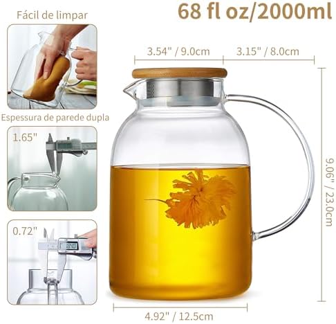 Large Glass Teapot with Infuser, Stovetop Safe, Thickened Heat Resistant Borosilicate Glass, 68 fl oz Glass Tea Kettle with Stainless Lid