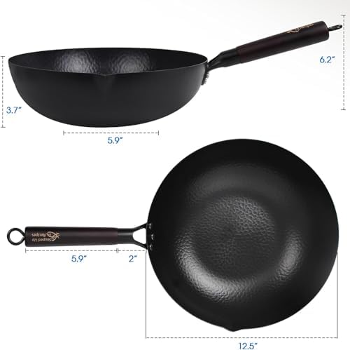 Souped Up Recipes 12.5 Inch Carbon Steel Wok For Electric, Induction and Gas Stoves (Lid, Spatula and User Guide Video Included)