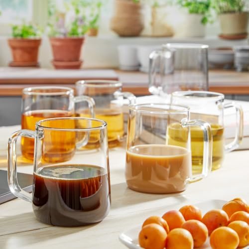 Large Glass Coffee Mugs, 20 oz Glass Coffee Cups Set of 6, Clear Borosilicate Glass Mugs with Handles for Cappuccino, Tea, Latte, Hot/Cold Beverages, Wine, Americano