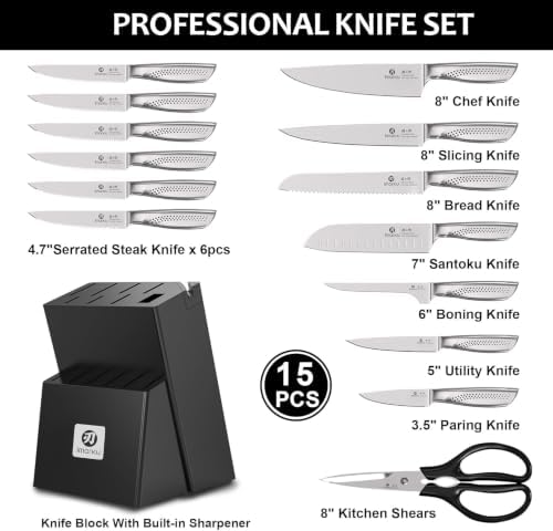 imarku 15PCS Kitchen Knife Set with Block,High Carbon Stainless Steel,Black