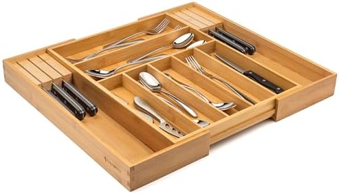 Purawood Bamboo Drawer Organizer with Knife Blocks - Silverware Organizer & Utensil Drawer Organizer, Cutlery Tray with Dividers, 7-9 Slots- Premium Kitchen Organizer for Utensils & Flatware (Natural)