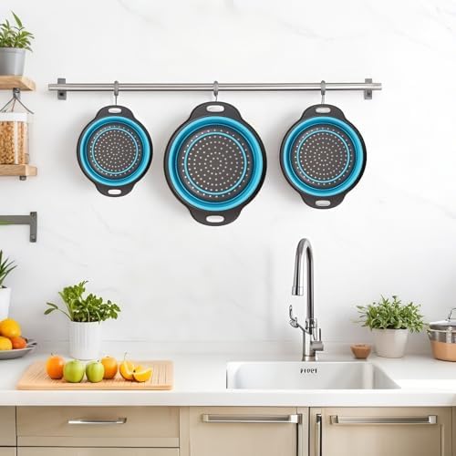 Collapsible Colander 3-Pack Set Space-Saving Foldable Kitchen Strainer with Non-Slip Base Durable Thickened PP+TPE Collapsible Strainers for Pasta, Vegetables, Fruits (Gray-Blue)