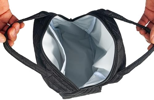 Machine Washable Women Quilted Fabric Insulated Reusable Cooler Lunch Bag Tote Adult Thermal Lunch Box Storage Bag for Work (Black)