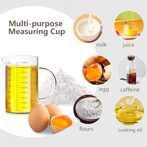 WhiteRhino Glass Measuring Cup,34oz/4Cup/1000ml Liquid Measuring Cups, Measuring Cup With Handle and V-Shaped Spout, Glass Beaker with Three Scales (OZ, Cup, ML), Dishwasher/Freezer/Microwave Safe