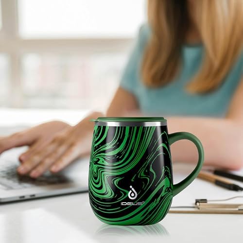 Ideus 16 oz Insulated Coffee Mug with Lid and Handle (Green Zebra)