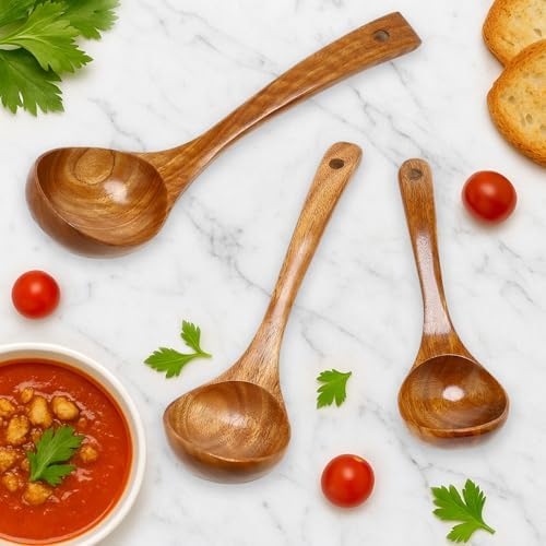3Pcs Wooden Ladles Serving Spoon Non Toxic Soup Ladle Wood Cooking Spoons