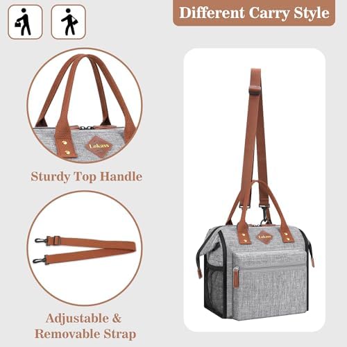 LOKASS Leak-proof Lunch Box for Women Insulated Lunch Cooler Bag Thermal Lunch Tote with Removable Shoulder Strap for Men Adults Large Picnic Bag for Office Work Outdoor, Grey