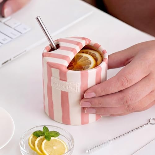 1 Pack Ceramic Coffee Mug with Sip Hole, Simple, Pink