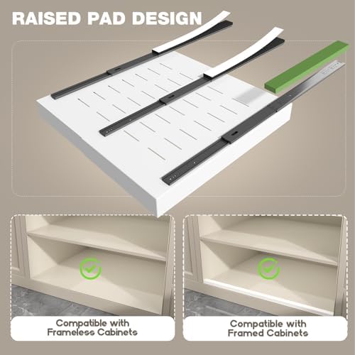 Seinloes 2 Pack Pull Out Cabinet Organizer 24" Deep,Full Extension 3 Slide Rails Slide Out Drawers With Raising Pad for Framed Cabinets,Expandable Width (15.4"-26.2"),No Drill Roll Out Shelf,White