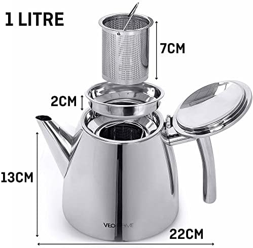 VeoHome Stainless Steel Tea Pot with Infuser - Keeps Heat Thanks to its Double Wall, Silver (1 Liter (34 oz))…