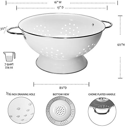 Reston Lloyd Calypso Basics Extra Large Enameled Colander with Solid Base, Strainer Basket with Handles, for Pasta, Berries, Vegetables, Fruit, 7 Quart, Turquoise ( 224oz/ 6.6 L)