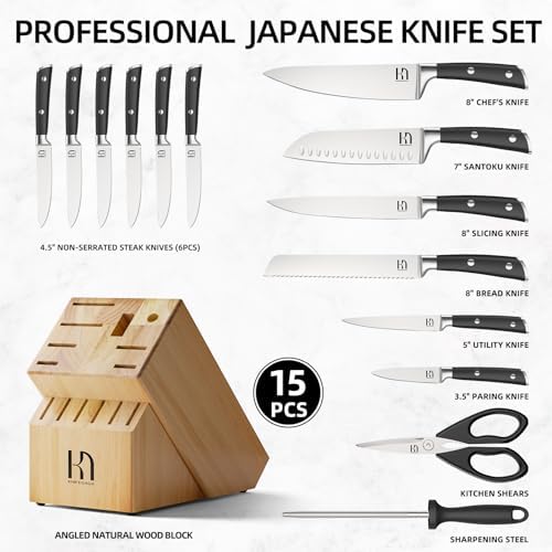 KnifeSaga Japanese 15-pc Kitchen Knife Block Set, Razor Sharp, Professional