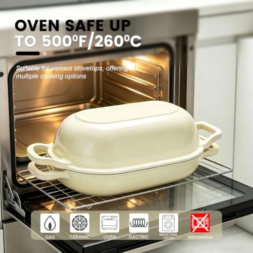 Oval Cast Iron Dutch Oven, Sourdough Bread Baking Pan with Lid, White