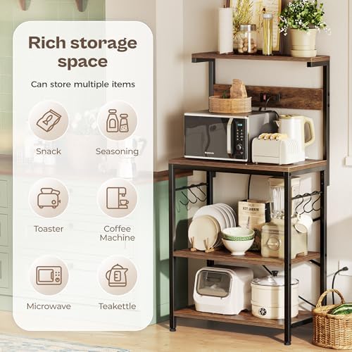 SUPERJARE Kitchen Bakers Rack with Power Outlet, Coffee Bar Table 4 Tiers, Kitchen Microwave Stand with 6 S-shaped Hooks, Storage Shelf Rack for Spices, Pots and Pans - Rustic Brown