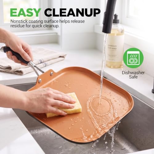NutriChef Copper Pan Non-Stick Coating Inside, Hard-Anodized Look Heat Resistant Lacquer Outside, Silicone Handle NCSQPA, 1 Griddle