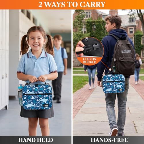 opux Insulated Lunch Bag for Kids, Reusable Lunch Box for School, Shark