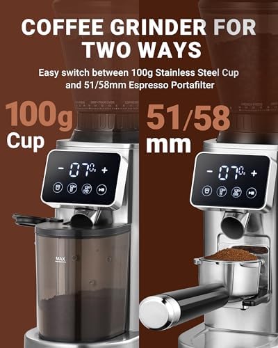 AMZCHEF Burr Coffee Grinder, 48 Settings, Less Static Mess, Metallic Silver