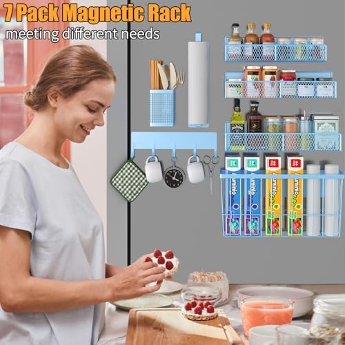 Magnetic Spice Rack for Refrigerator, 7 Pack Metal Magnetic Shelf, Moveable Magnetic Storage Fridge Organizer, Spice Organizer, Hook Rack, Paper Towel Holder, Utensils and Cutting Board Holder, Blue