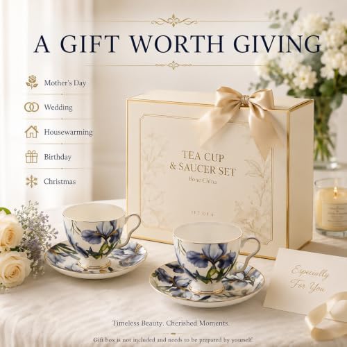 12-Piece Tea Cups and Saucers Set for 6, Blue Iris Gold Trim