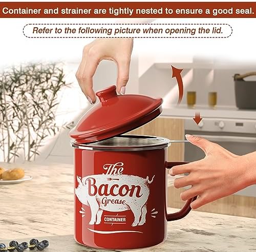PGYARD Bacon Grease Container with Strainer-46OZ Enamel Keeper with Spatula