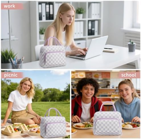 GASSDA Lunch Box for Women Insulated Lunch Bag Women Adult Cute Lunch Bags Reusable Lunchbox Cooler Tote Bag for Work Picnic (Purple Plaid)
