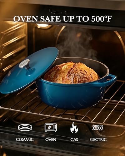 Dutch Oven Pot, 6QT Enameled Cast Iron Dutch Oven with Lid, Dual Handle, Dutch Pot for Sourdough Bread Baking, Braising & Roasting, 500℉ Oven Safe, All Cooktops Compatible, Marine