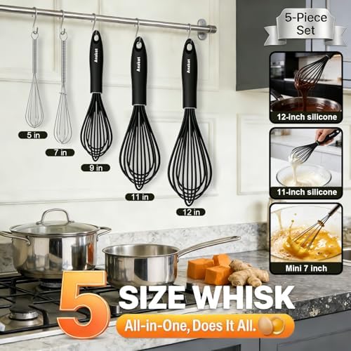 Anaeat Kitchen Whisk Set of 5, Perfect for Non-Stick Cookware, Egg Beater Milk Blender for Whisking, Cooking, Baking - 5"+7" Mini Wire Whisk and 9''+11''+12'' Silicone Balloon Whisks (Black)