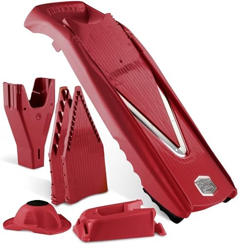 Börner Mandoline Slicer V5 (Professional Set) • Adjustable Vegetable Slicer (7-piece) • 10 Cutting Styles • Kitchen Slicer incl. Docking Station • Stainless Steel V-Blade • Color: Red