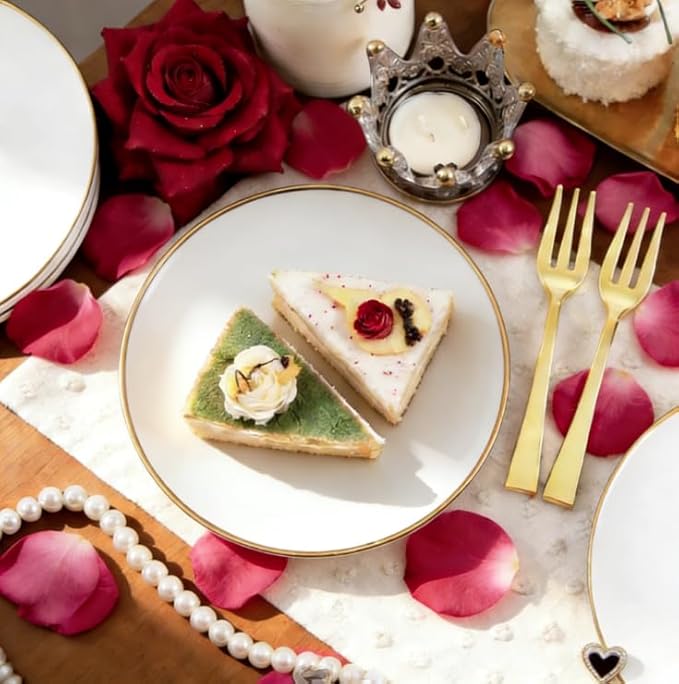 Festiva 200Pcs Gold Dessert Plates 6.3" with Forks 5"- Small Disposable Dessert/Cake/Appetizer Plates Plates- serve 100 guests include 100Plates 100Forks for Wedding &Birthday Party & Easter