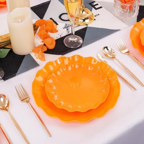 LIYH 24 Orange Plastic Plates Reusable for Thanksgiving Halloween 12 Guests