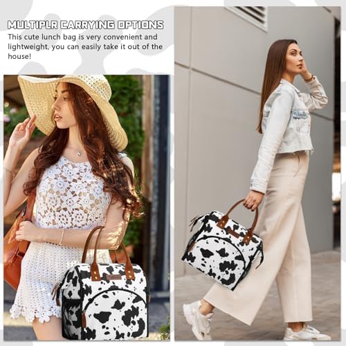 LOKASS Lunch Box for Women-Insulated Adults Lunch Bag with Front Pocket-Cute Lunch Tote for Work-Reusable Cow Print Cooler Bag for Office Picnic Beach or Travel