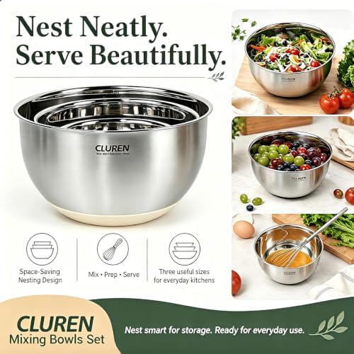 304 Stainless Steel Mixing Bowls Set, 3-Piece (1.5, 3 & 5 QT)
