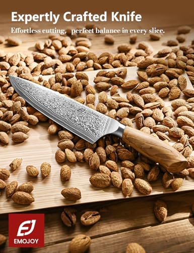 Emojoy 8-Inch Damascus Chef Knife, 67-Layer Japan Steel, Olive Wood Handle