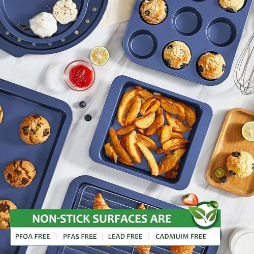 HONGBAKE Bakeware Sets, Baking Pans Set, Nonstick Oven Pan for Kitchen with Wider Grips, 10-Piece Including Rack, Cookie Sheet, Cake Pans, Loaf Pan, Muffin Pan, Pizza Pan - Blue
