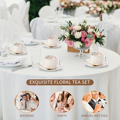 Country Roses Porcelain Tea Cup and Saucer Set with Gold Trim, Vintage Style, For Women and Tea Parties (1, P)