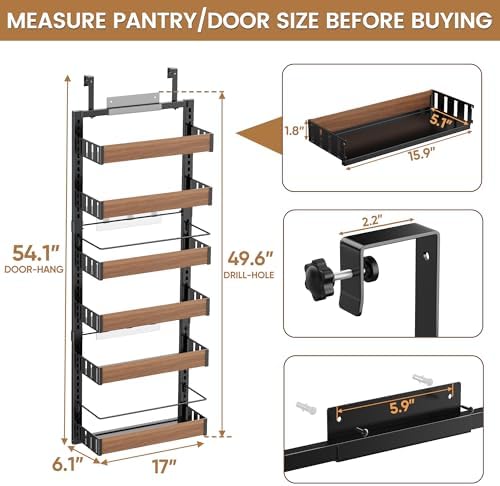 POKIPO 6 Tier Over The Door Pantry Organizer, 2-in-1 Door Hanging or Wall Mounted Spice Rack, Large Heavy Duty Pantry Door Storage Seasoning Shelves with Adjustable Basket for Kitchen Bathroom Closet