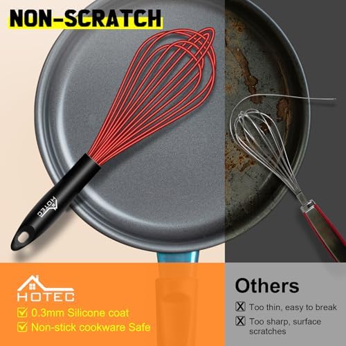 HOTEC 4 Pieces Silicone Whisks Set, Wire Balloon Whisks for cooking Egg Beater, Non-slip Handle Whisk for Non-stick Cookware Perfect for Cooking, Stirring, Beating and Blending,Red